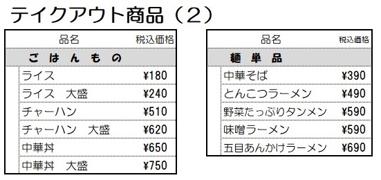 テイクアウト商品一覧（２）